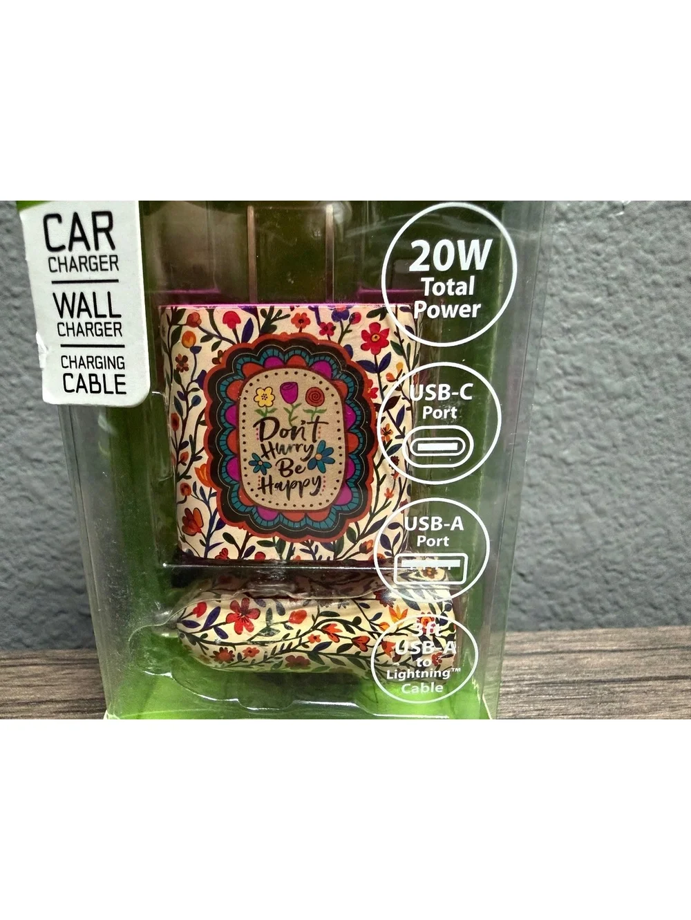 20W Car Wall Charger Set 3ft Apple device Cable & 3ft USB C Flat Cord Floral Set